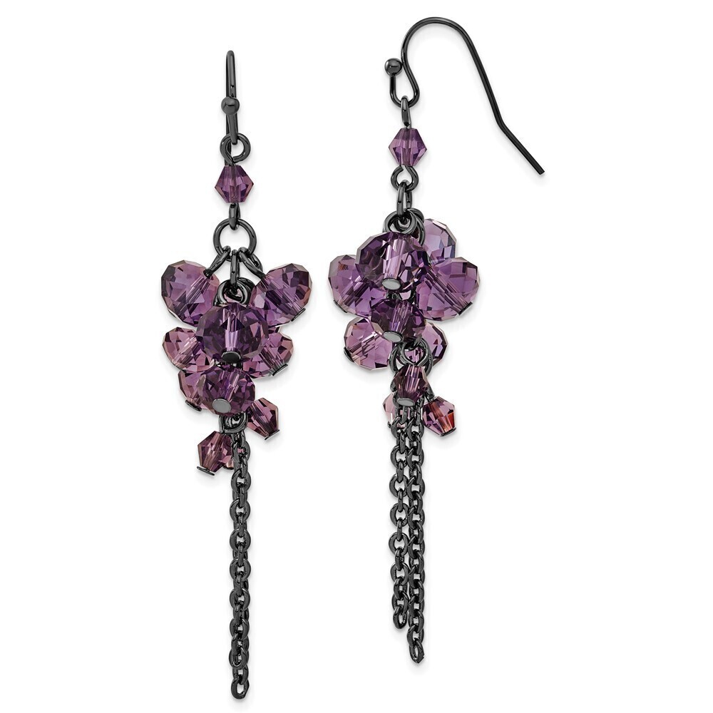 1928 Black-plated Smokey Purple Glass Faceted Beads Cluster Dangle Earrings